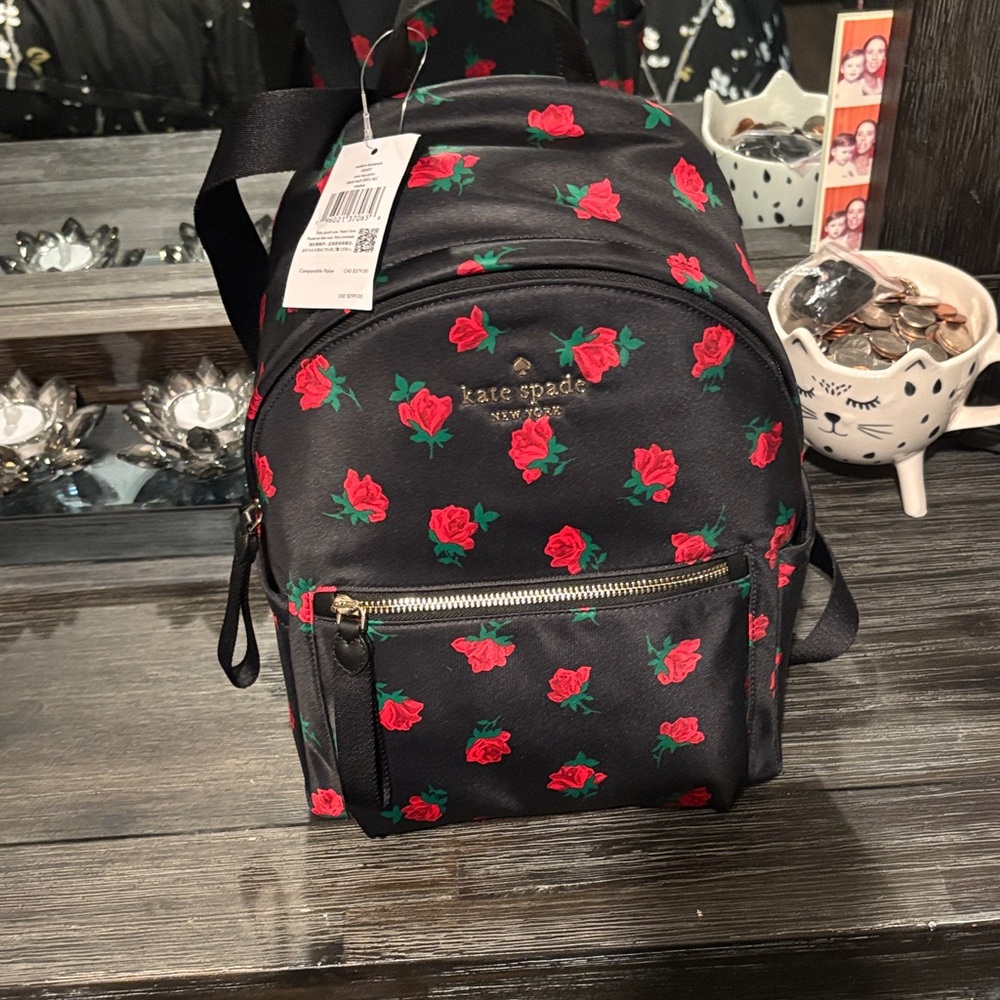 Kate Spade Floral Black Backpack with Red Roses
